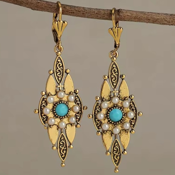 Anthropologie Jewelry - Victorian Gold Filigree Drop Earrings with Turquoise & Pearl Accents